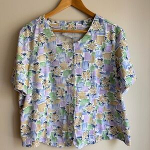 Vintage Blair Floral Abstract Button Up Short Sleeve Top XL